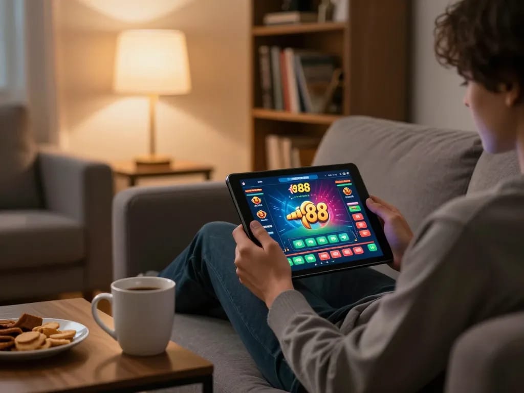 Playing fun88 online casino on a tablet in a cozy living room setting.