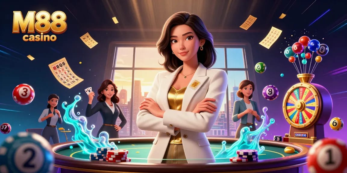 Engage in thrilling games at M88 casino with vibrant visuals of a professional Asian woman and casino excitement.