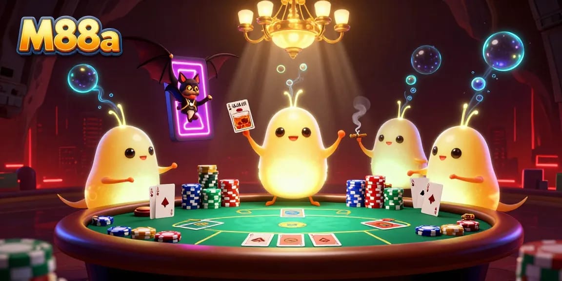 M88a offers an entertaining poker scene illuminated by glowworms lighting the casino atmosphere.