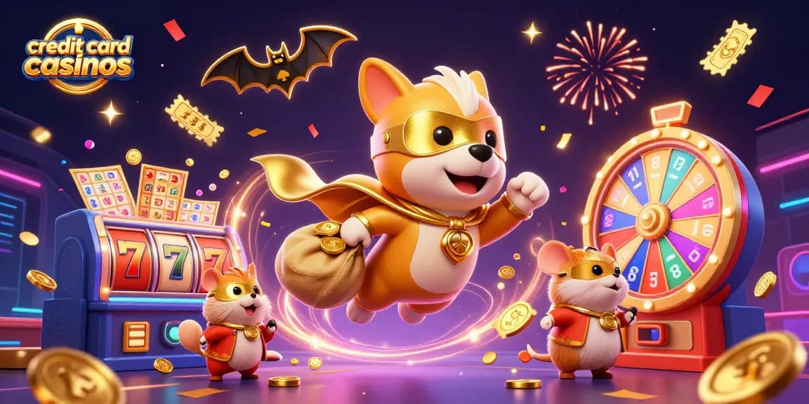 Experience thrilling gameplay at credit card casinos with our superhero duo amidst colorful slots and prizes.