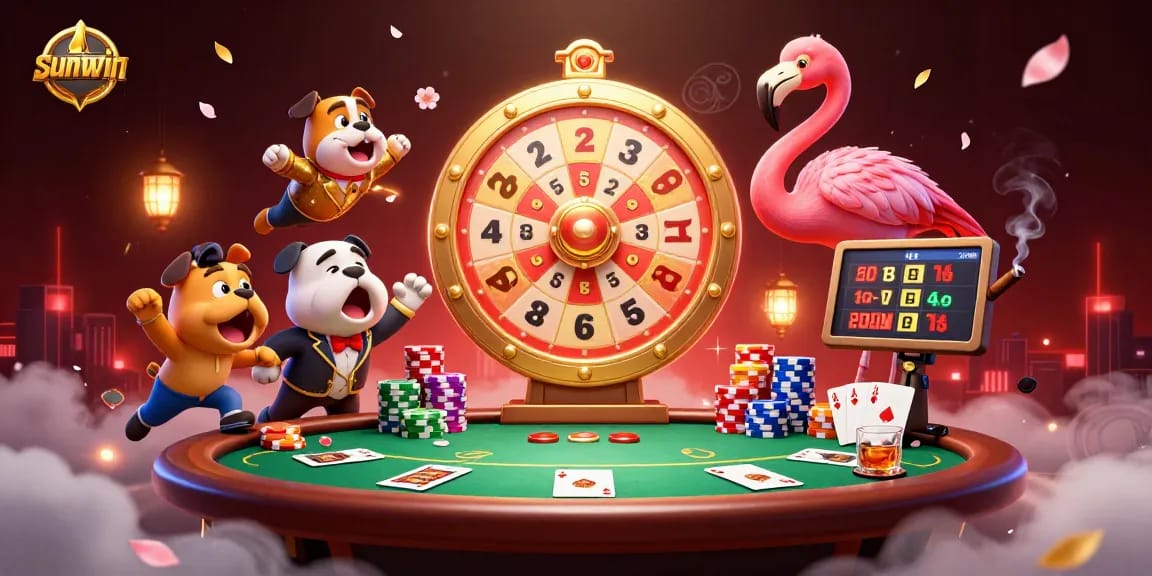 Engaging sunwin gaming scene with a flamingo host and bulldog contestant amid vibrant poker elements.