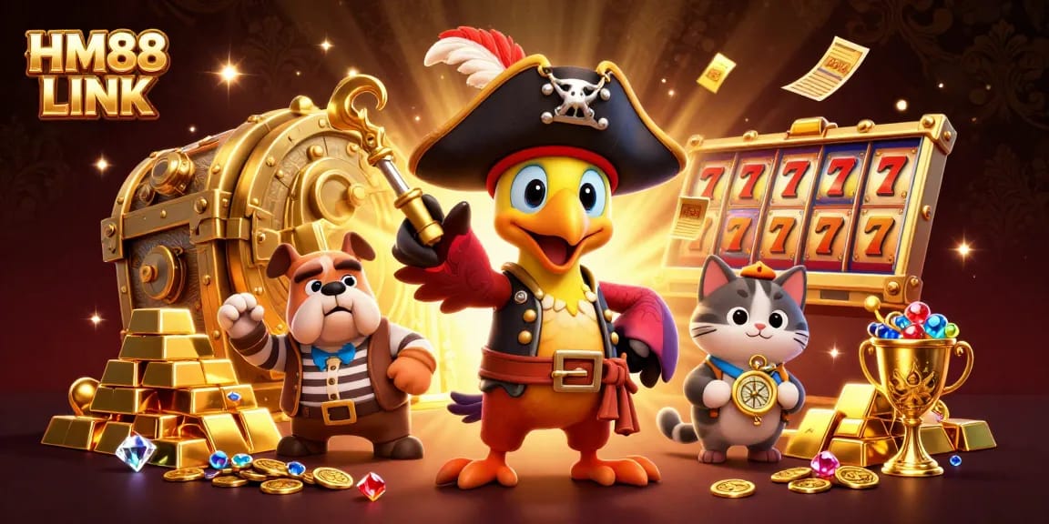 Engage with the thrilling HM88 LINK as the vibrant pirate captain parrot leads adventure among dazzling casino treasures.