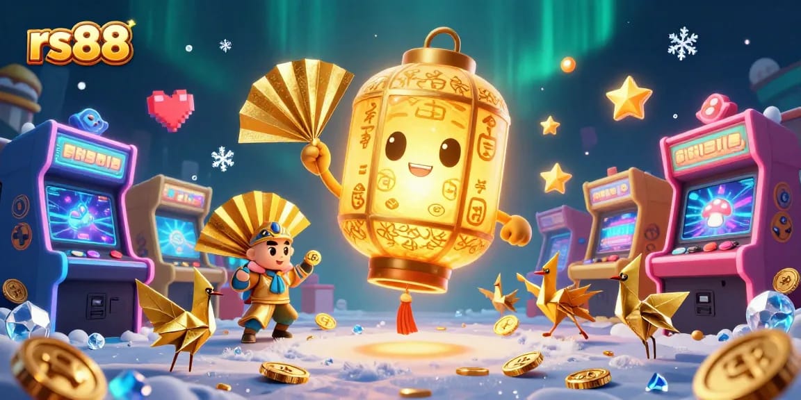 Experience thrilling gameplay at rs88 with a golden lantern spirit, arcade machines, and lucky symbols.