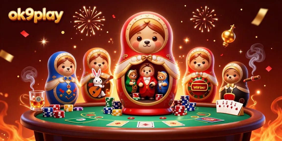 Engage in thrilling casino action with ok9play, showcasing colorful poker elements and festive characters.