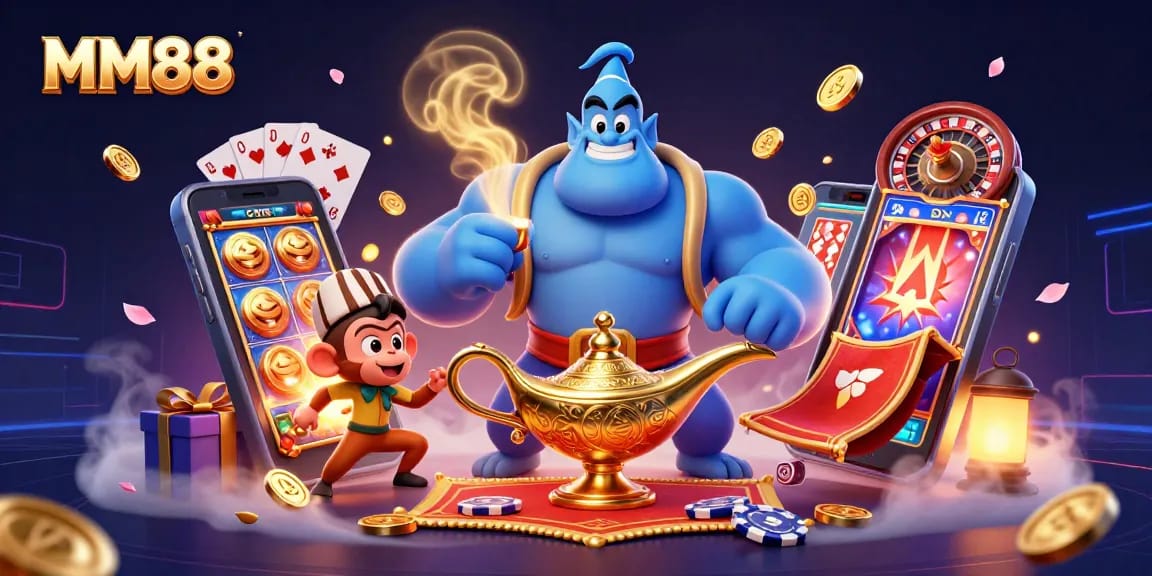 Experience the excitement of MM88 with a vibrant 3D scene featuring magical casino elements and characters.