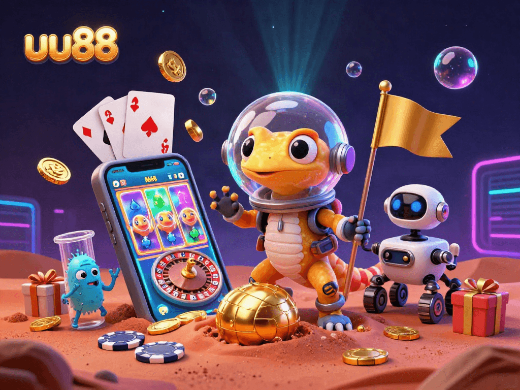 Engage with exciting casino elements at uu88, featuring a vibrant Martian scene with golden treasures.