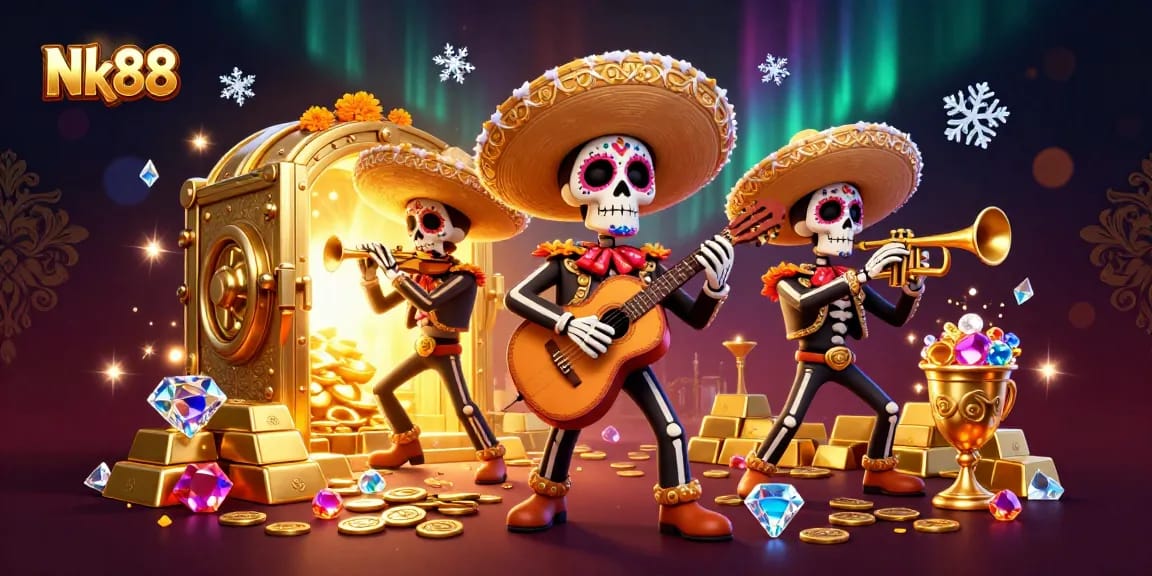 Experience Nk88's vibrant casino energy with a lively mariachi band amidst stunning treasures.