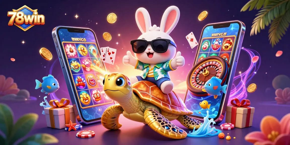 Experience thrilling gaming moments with 78win and the lucky characters in a dynamic casino scene.