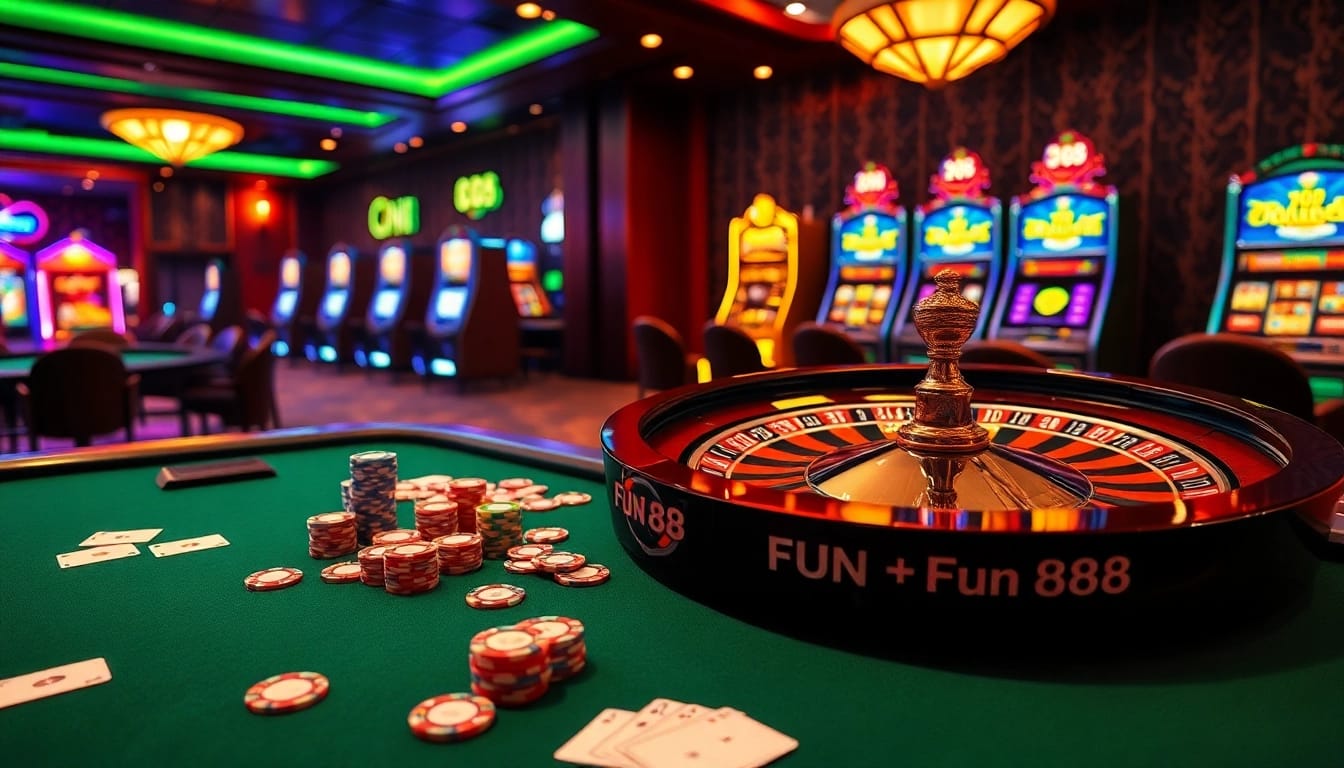 Exciting gamblers playing at a Fun 88 casino table with vibrant chips and cards.
