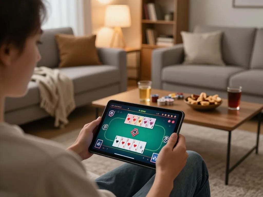du88 online poker gameplay on tablet, inviting home atmosphere with vibrant interface and strategic elements
