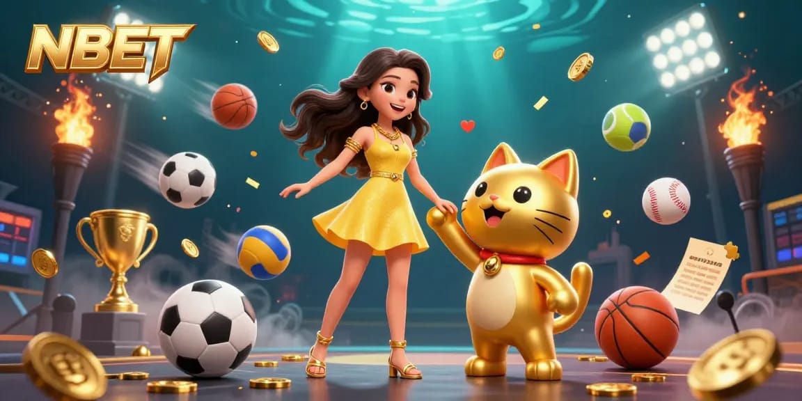 Experience thrilling betting excitement with NBET as a joyful woman interacts with a lucky cat.