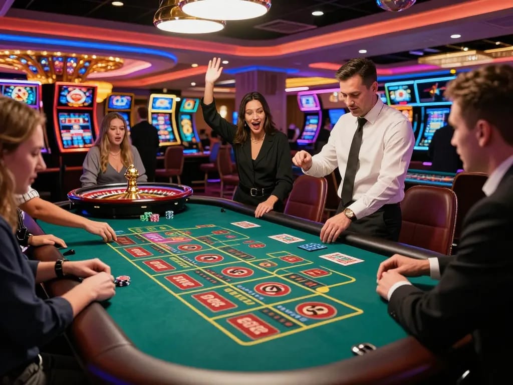 A player placing a bet at a lively roulette table in the 79 king casino scene.