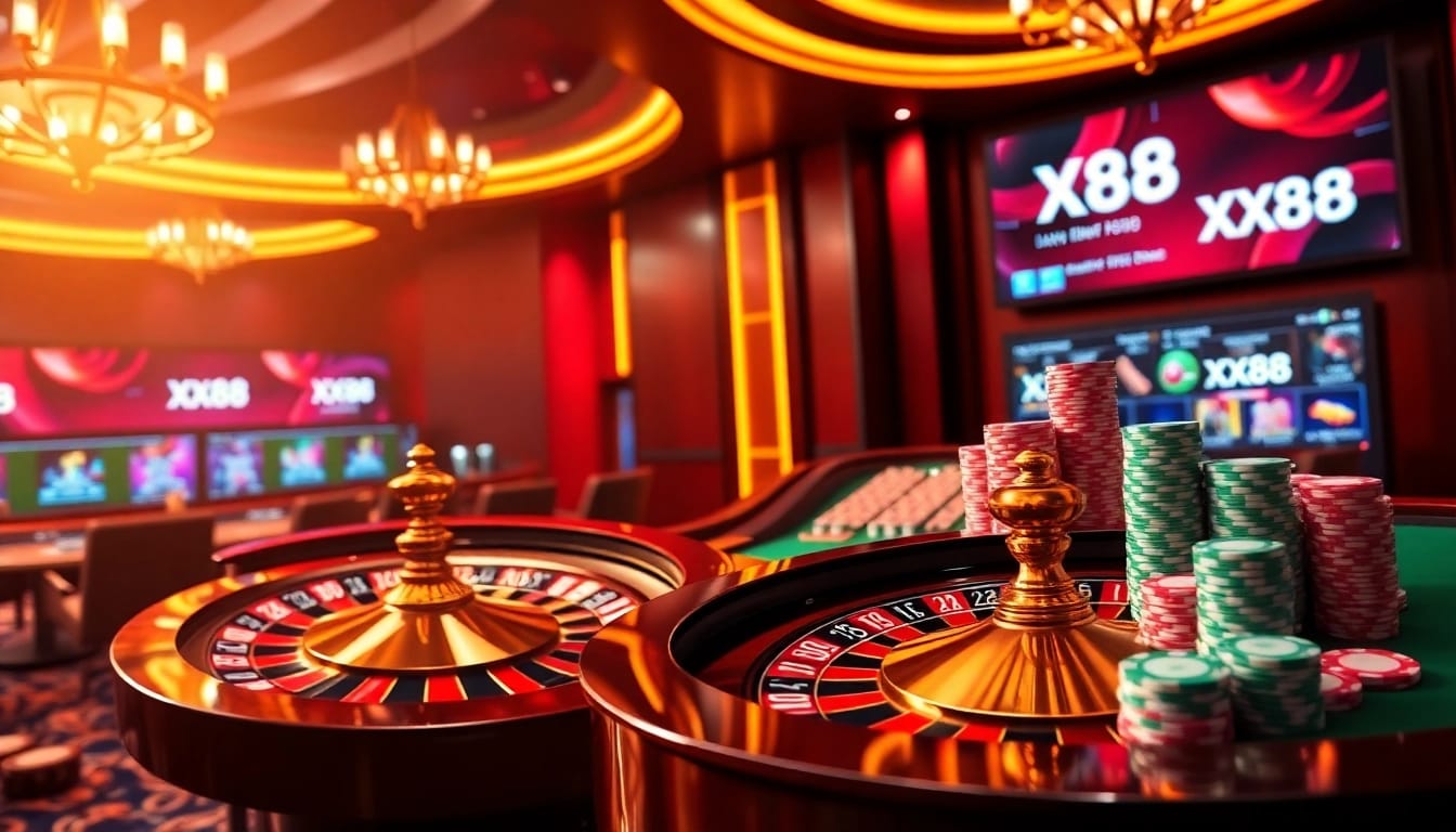 Play exciting games at XX88 casino with vibrant tables and glowing roulette wheel.