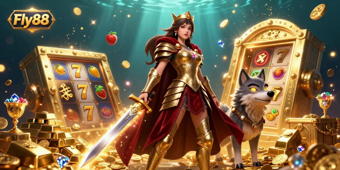 Engage in thrilling gameplay at Fly88 with a warrior queen and her glowing wolf companion surrounded by golden treasures.