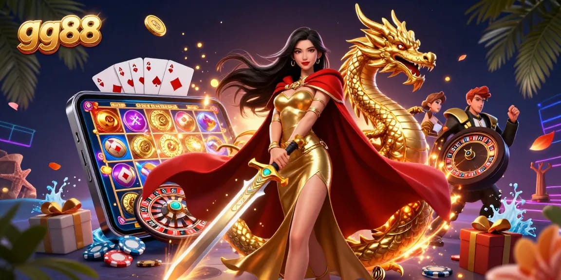 Spin the reels at gg88 with immersive 3D illustration showcasing vibrant casino elements.