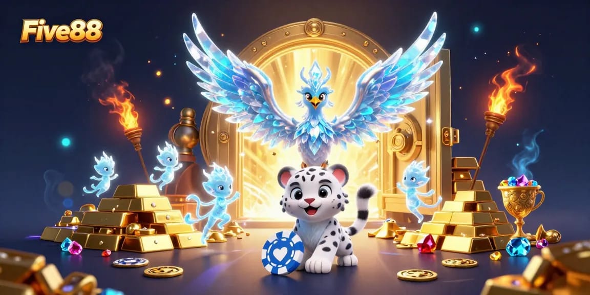 Experience Five88's thrilling gaming action featuring an ice phoenix, poker chip, and treasure galore.