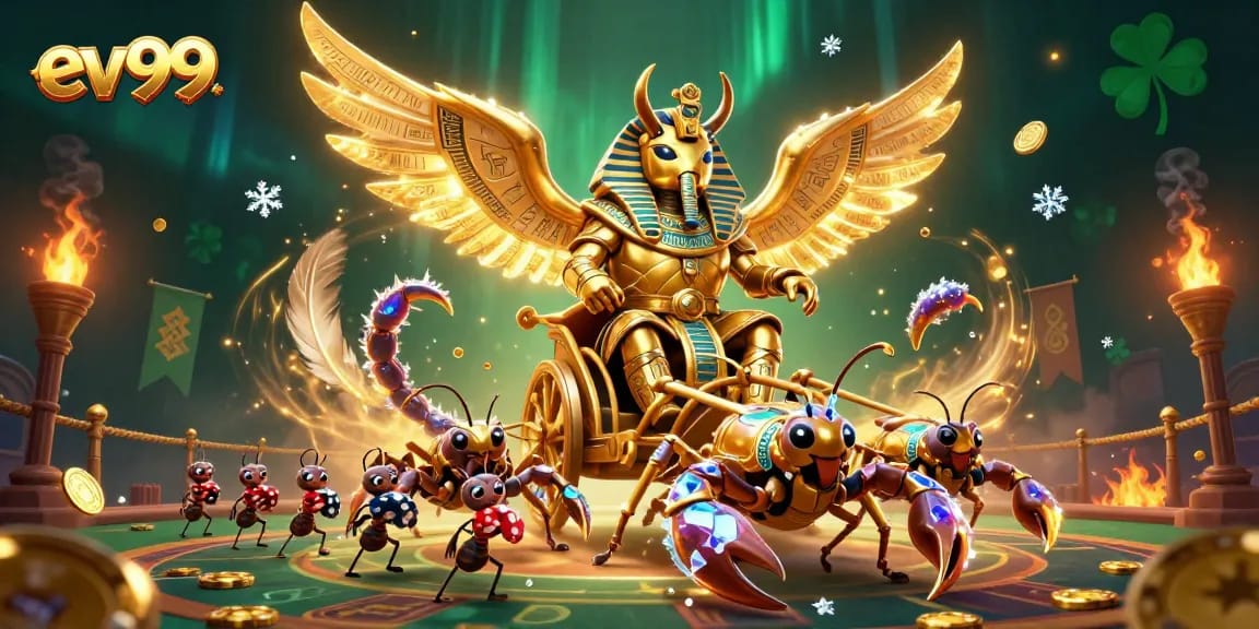 Bet big with ev99, featuring a colossal golden scarab beetle in a dynamic sports betting arena.