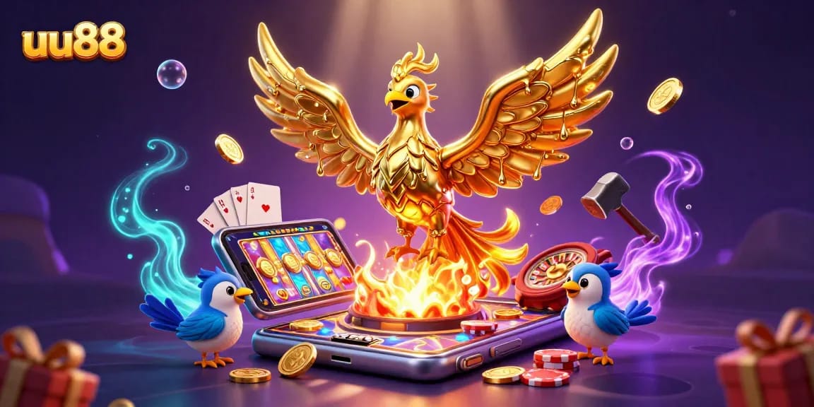 uu88 players engage with a vibrant slot game scene featuring golden phoenix and dynamic casino elements