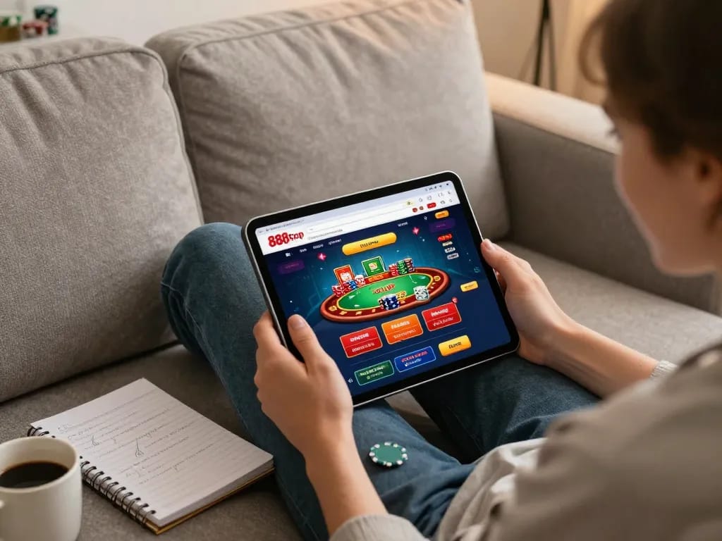 Engaging with the 888top homepage while playing online poker on a tablet in a cozy home setting.