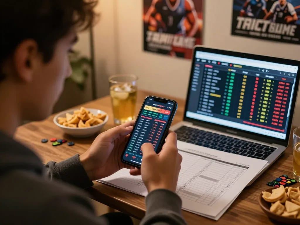 Engaged viewer using fly88mx app for sports betting, showcasing live odds and strategic decision-making.
