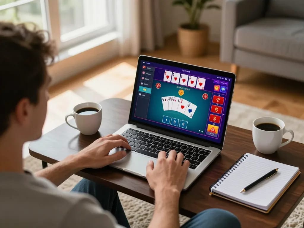 FLY88 player enjoying online poker at home, engaged in strategic gameplay with colorful interface.