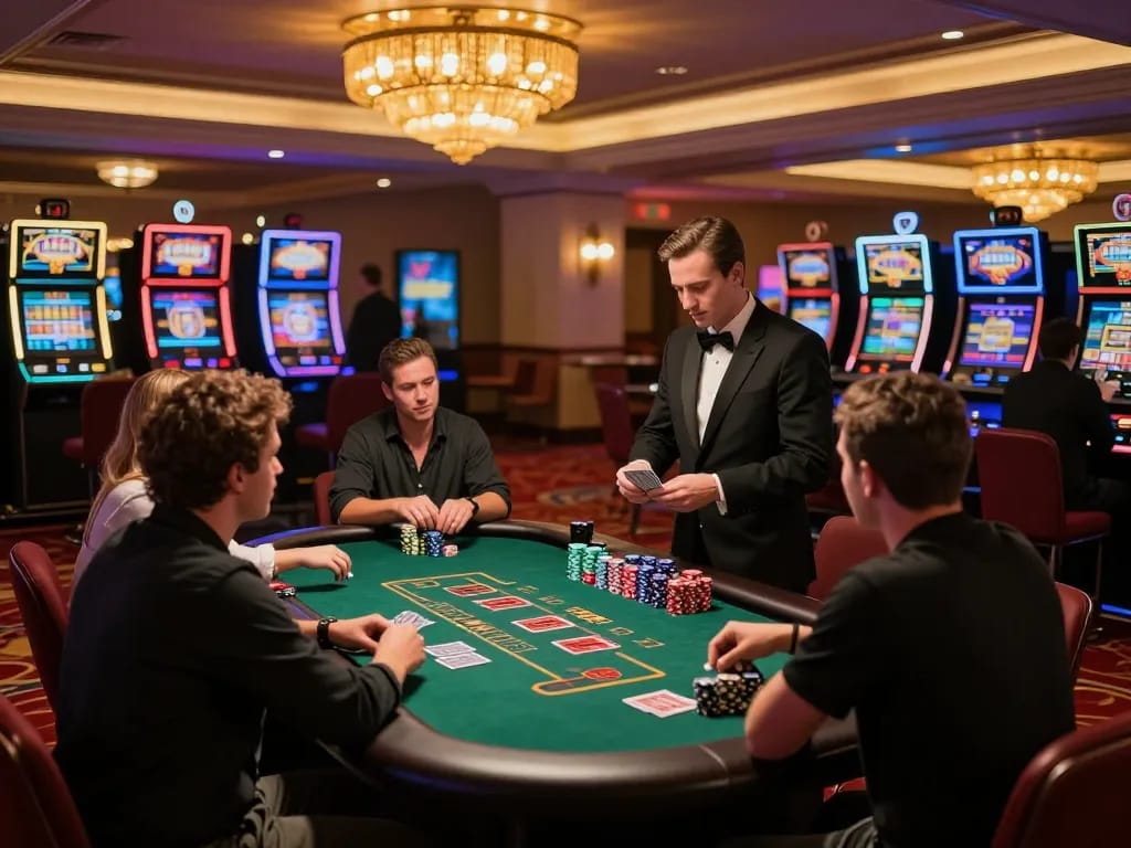Players engaging in a strategic blackjack game at SC88 casino table, vibrant atmosphere with chips and cards in action.