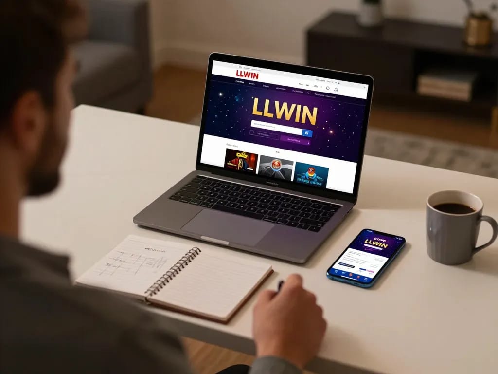 Player analyzing strategies on LLWIN casino app from a cozy desk setup while enjoying online gaming.