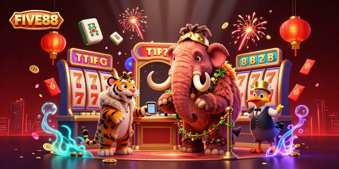 Experience FIVE88's vibrant casino atmosphere with characters amidst lively game elements and stunning visuals.