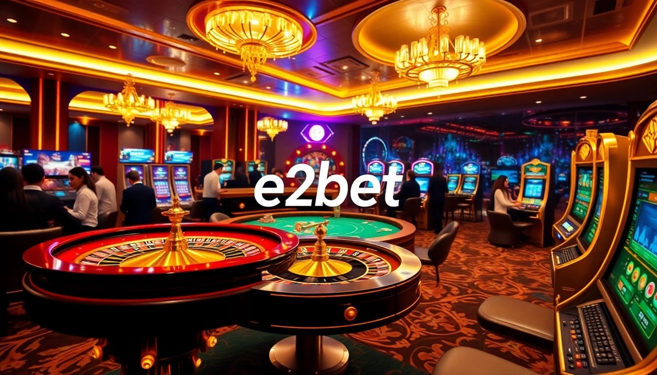 Experience the excitement of e2bet with a vibrant casino scene featuring roulette and poker games.