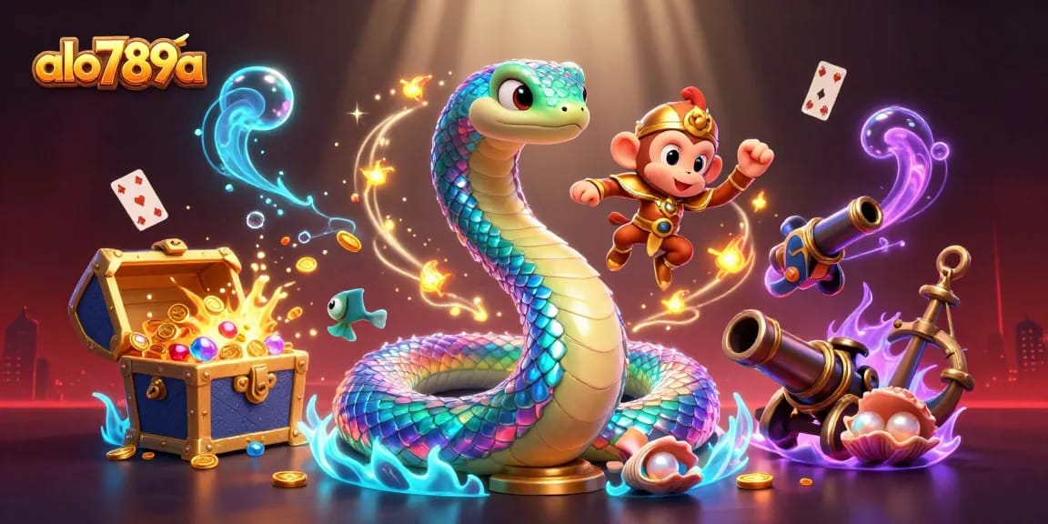 Experience dynamic cockfighting action with alo789a’s vibrant 3D illustration showcasing a colorful serpent and playful characters.