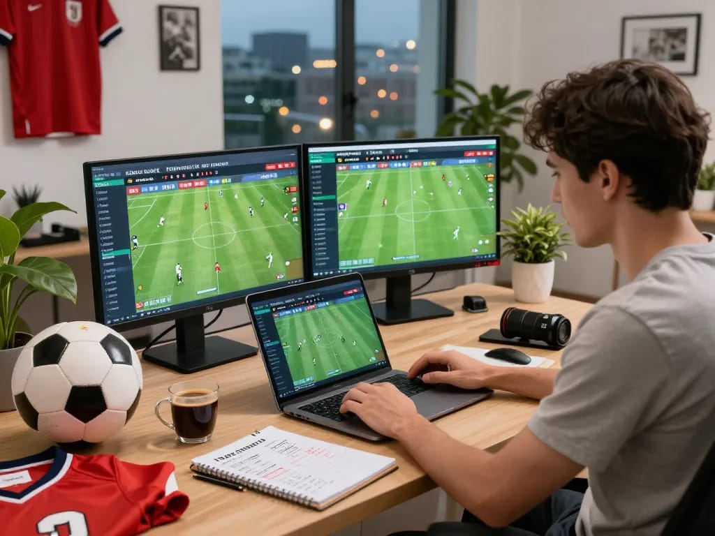 Tỷ lệ kèo trực tuyến analysis in a vibrant sports betting home office with live match statistics.