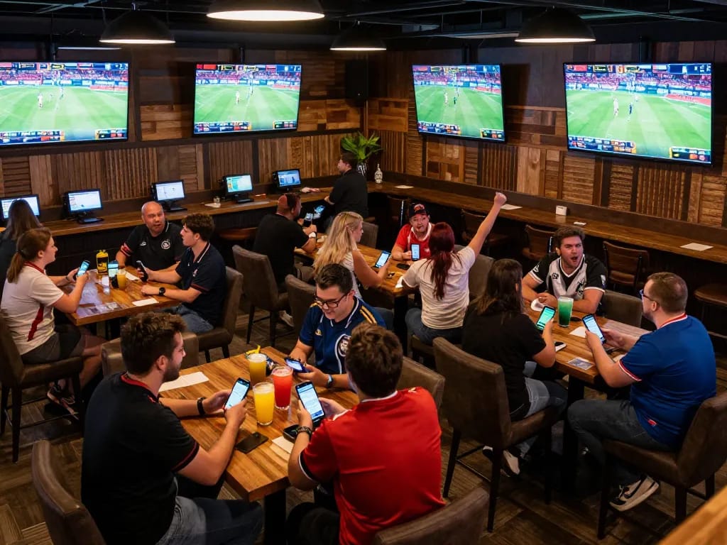 Fans engaging in sports betting at a vibrant bar while using 1gom apps to place bets on live games