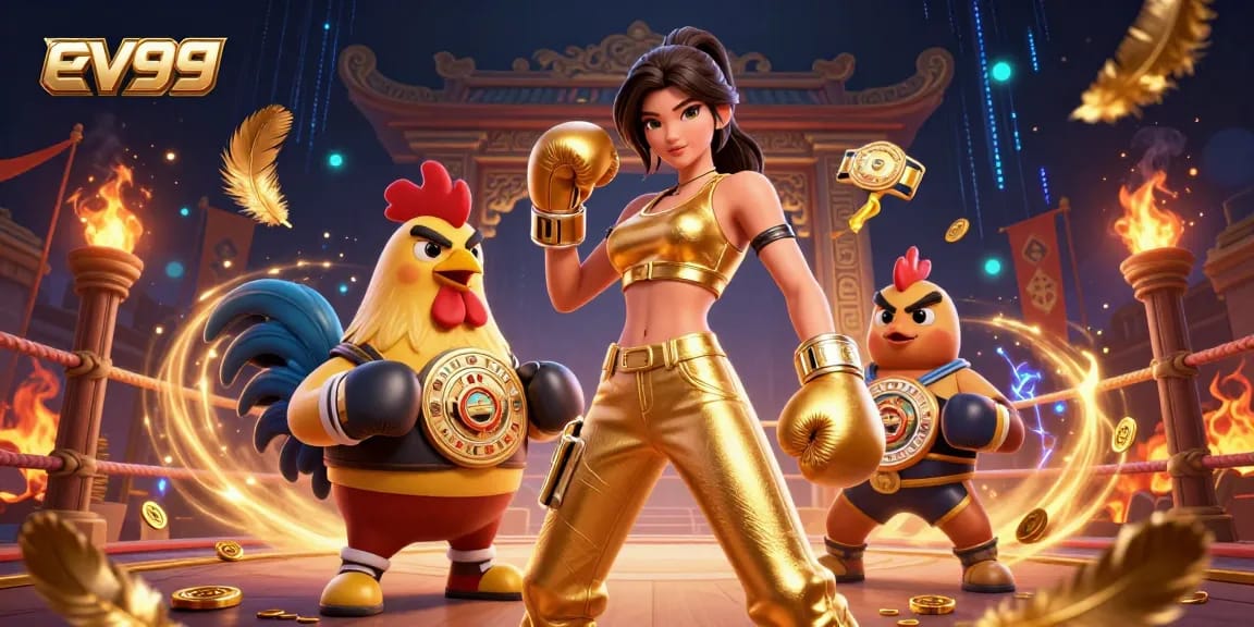 ev99 showcases a powerful woman and a championship rooster in a dynamic gambling scene with casino elements.