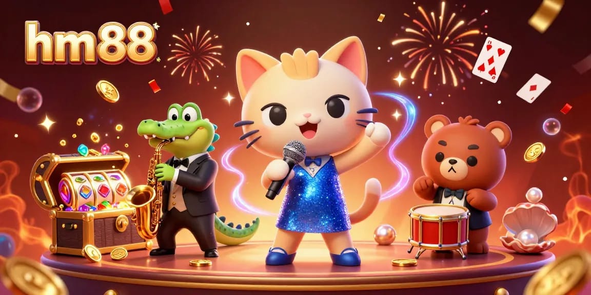 Experience the excitement at hm 88 with a vibrant casino scene featuring a jazz-singer cat, a saxophone crocodile, and a drum-playing bear, amidst a treasure of gems and gold coins.
