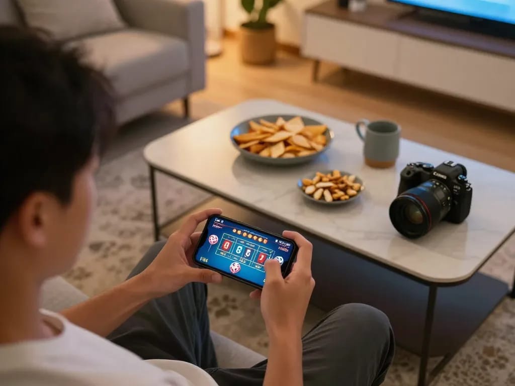 Tài xỉu online uy tín gameplay on smartphone in cozy home setting, showcasing the thrill of betting and strategy.