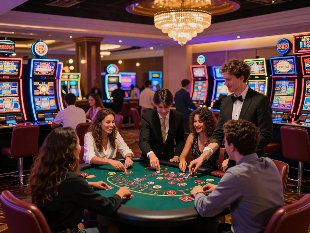 Friends enjoying a night at casinos not on Gamstop UK, playing games and socializing.