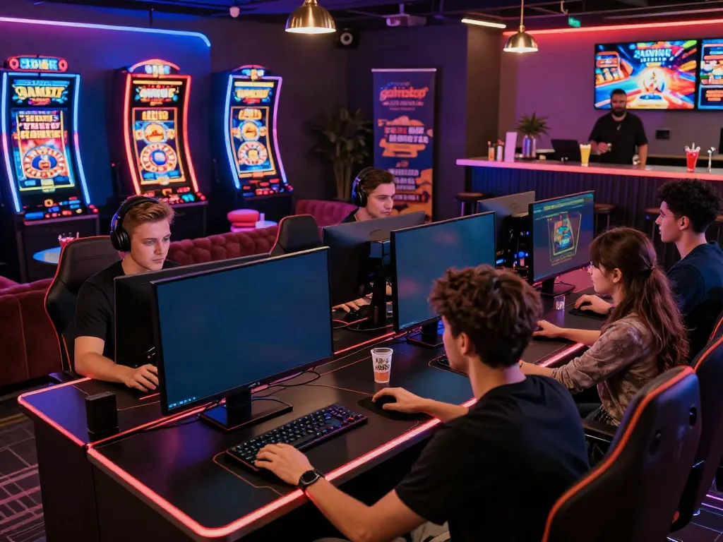 Gambling friends enjoying games at a stylish venue promoting casinos not on gamstop uk