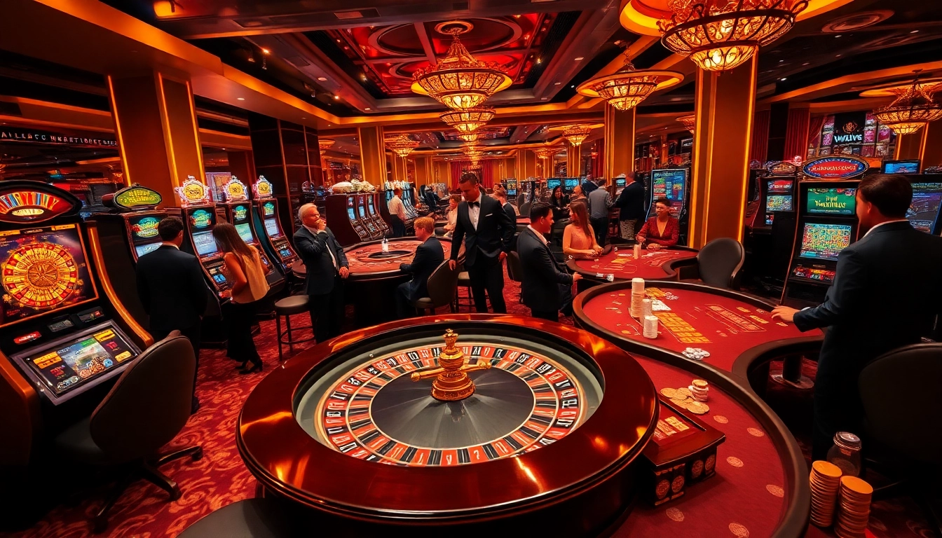 Excited players enjoying a luxurious casino experience at tylenhacai7.com with roulette tables and poker chips.