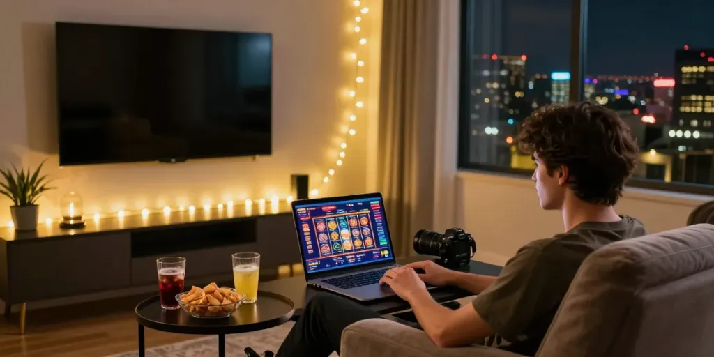 Casinos not on Gamstop UK represented with a cozy gaming setup featuring online slots and ambient lighting for a welcoming experience.