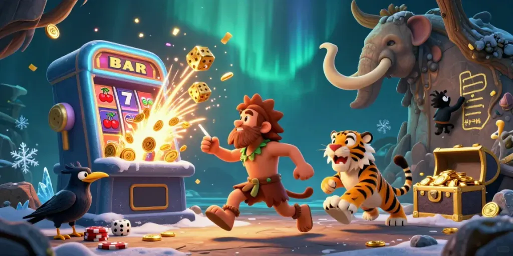 Experience the thrill of uy88 with our vivid casino illustration showcasing a playful prehistoric casino scene.