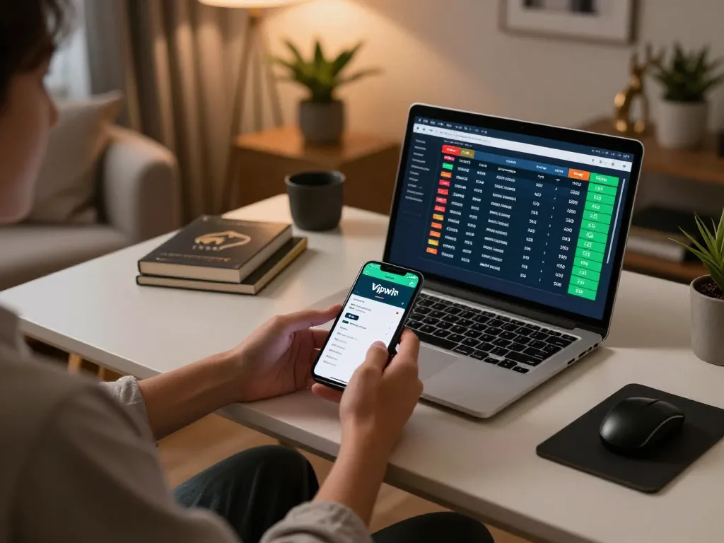 Engaging with the Vipwin app for sports betting in a stylish home office setup.