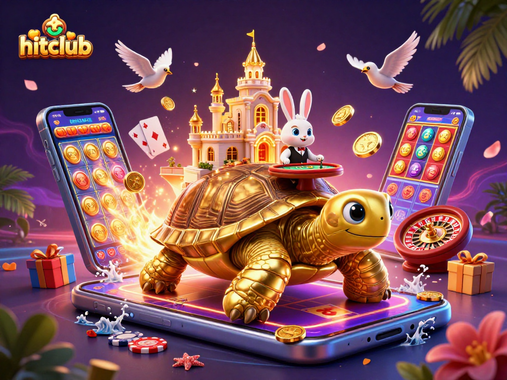 Hitclub features a magical casino scene with a golden tortoise, a rabbit dealer, and dynamic gambling elements.