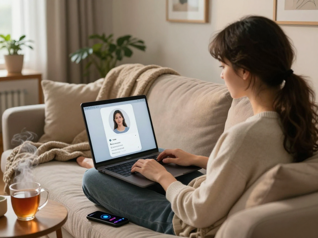 Engaging with an AI chat porn interface in a cozy living room setting.