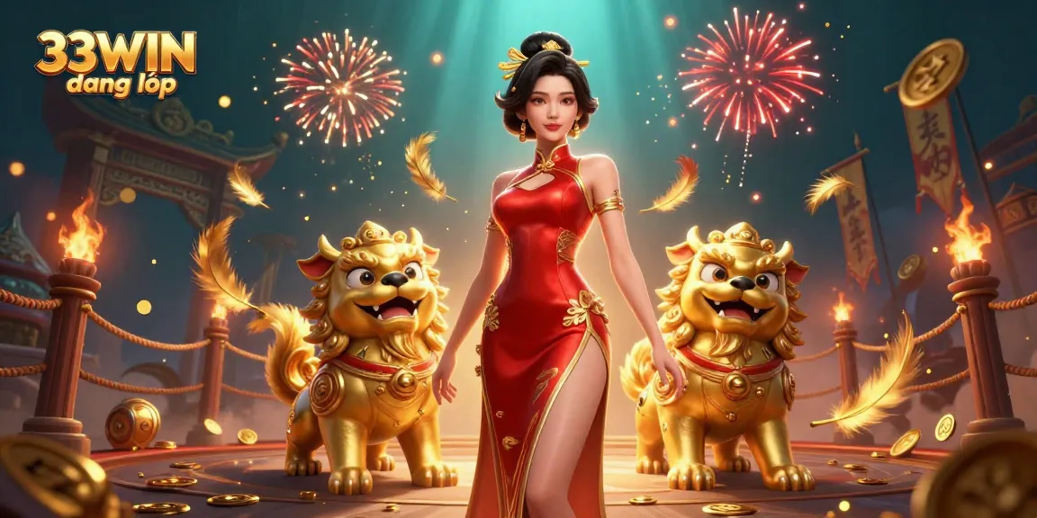 Experience winning at 33WIN đăng nhập with glamorous Asian lady and vibrant casino elements in a dynamic 3D scene.
