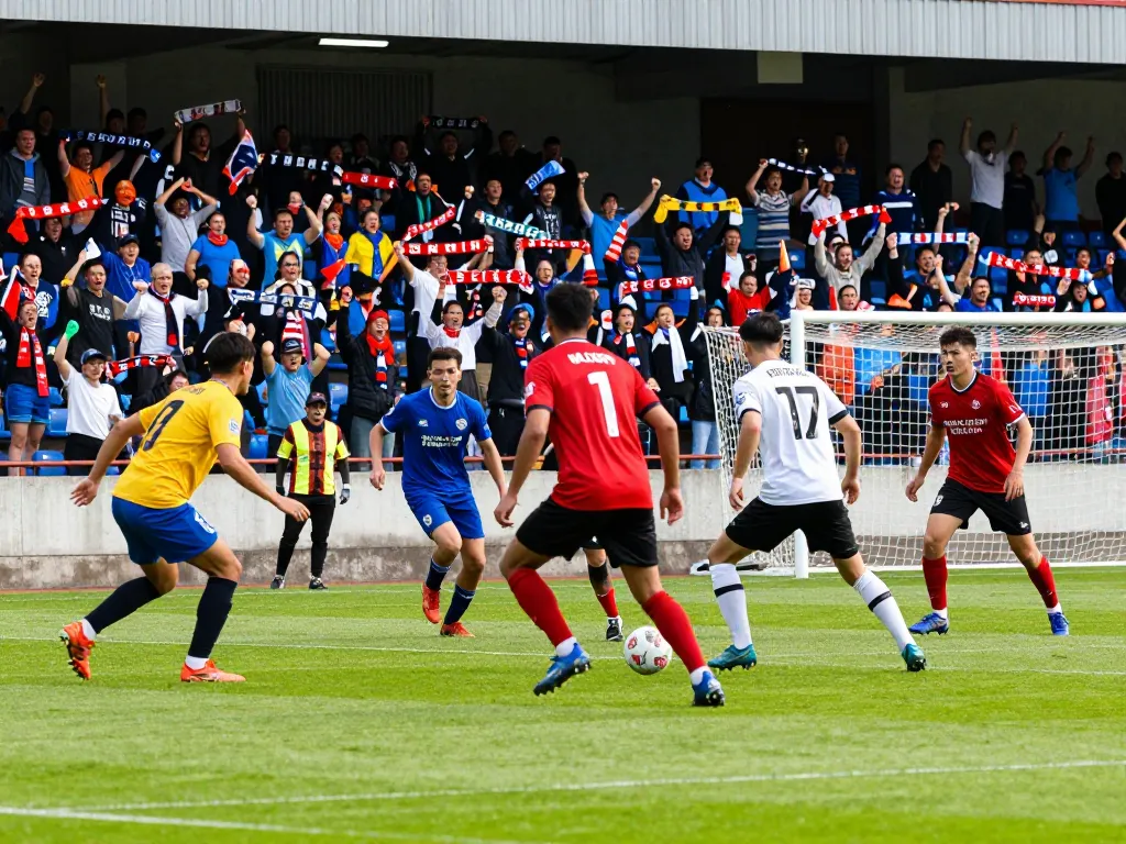 Exciting football match moment showcasing 7m players in action with cheering fans in the background.