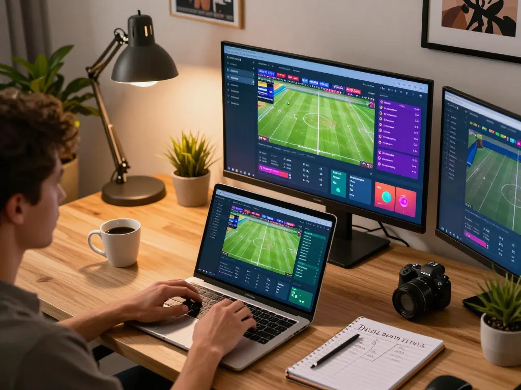 Engaged sports bettor analyzing live scores on nowgoals interface at home office desk.