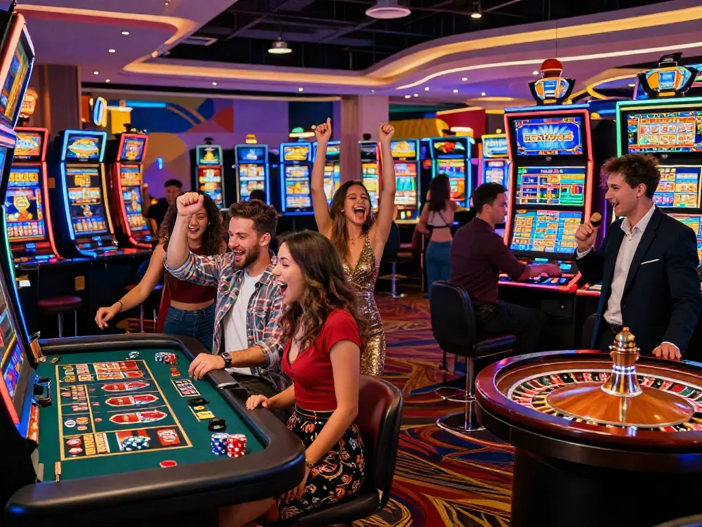 Exciting scene at casinos not on GamStop UK featuring friends winning at gaming tables