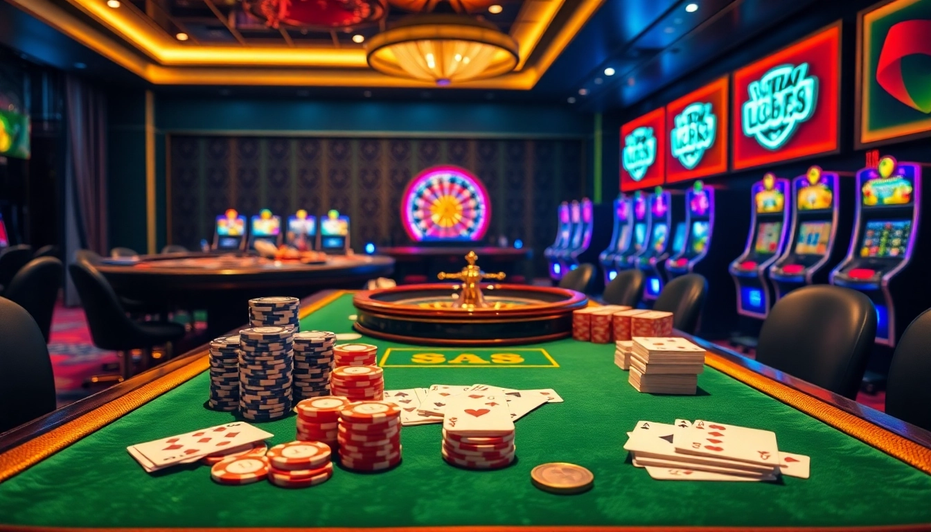Players engaging with an exciting gaming atmosphere at https://lc88comm.com/ featuring vibrant casino elements.