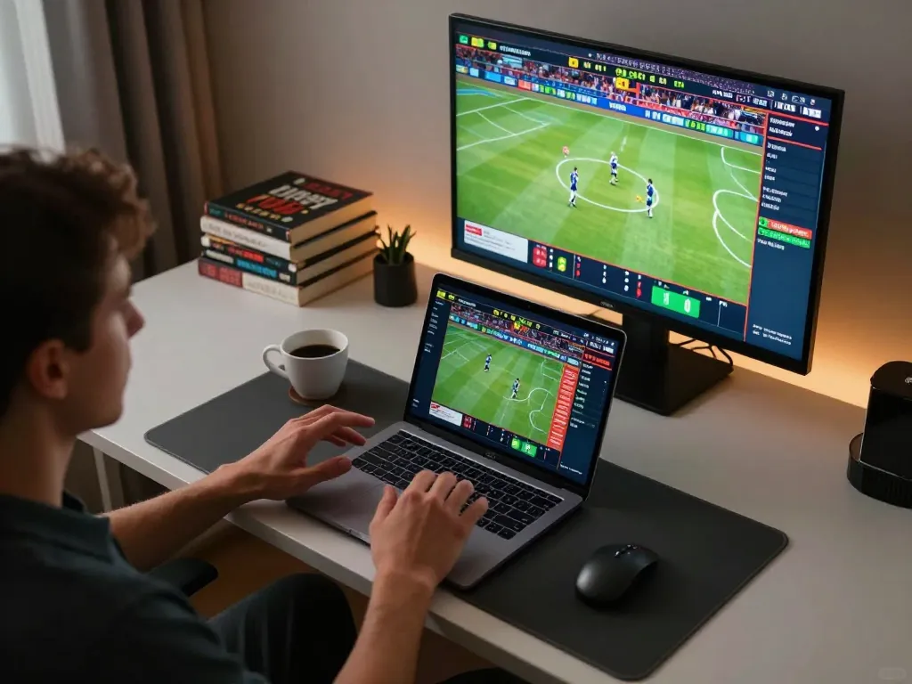 Navigating sports betting on nk88 with a laptop, showcasing an exciting online gaming experience
