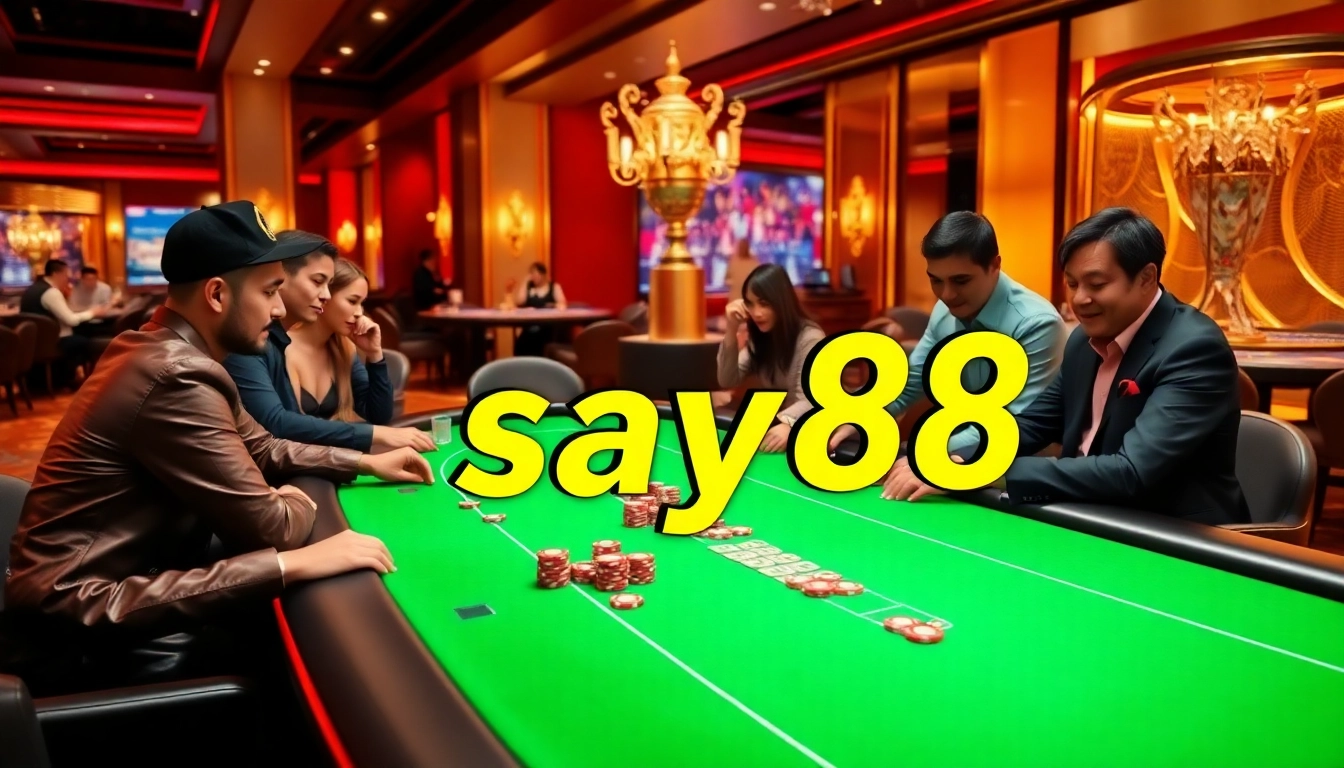 Exciting casino gameplay at say88 with vibrant poker chips and strategic players at a luxurious table.